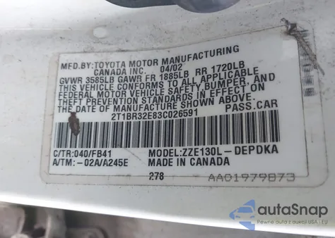 2003 Toyota Corolla Ce z USA, uszkodzony, nr VIN 2T1BR32E83C026591